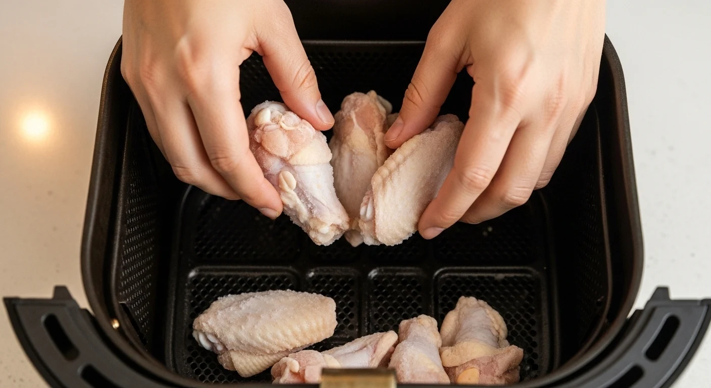 Frozen chicken wings in an air fryer basket