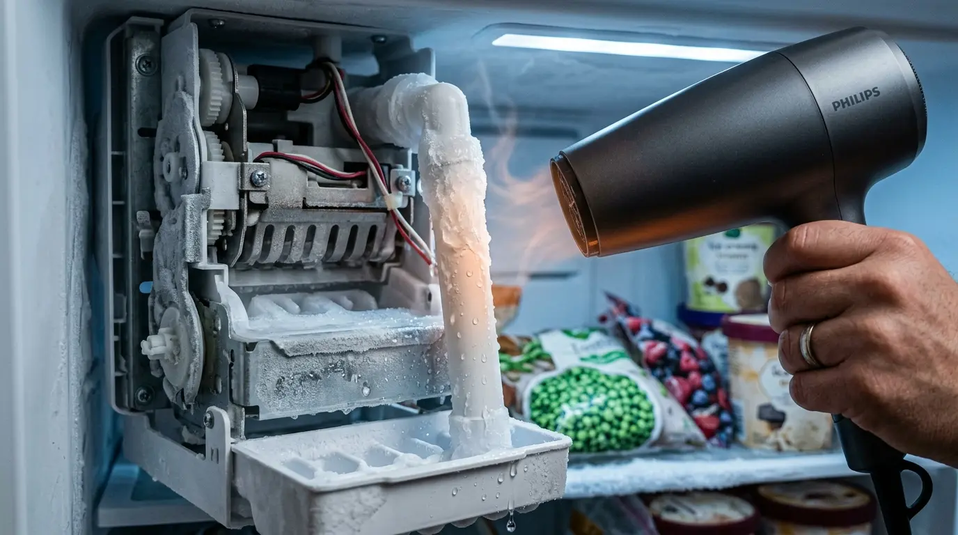 Clearing a frozen ice maker fill tube