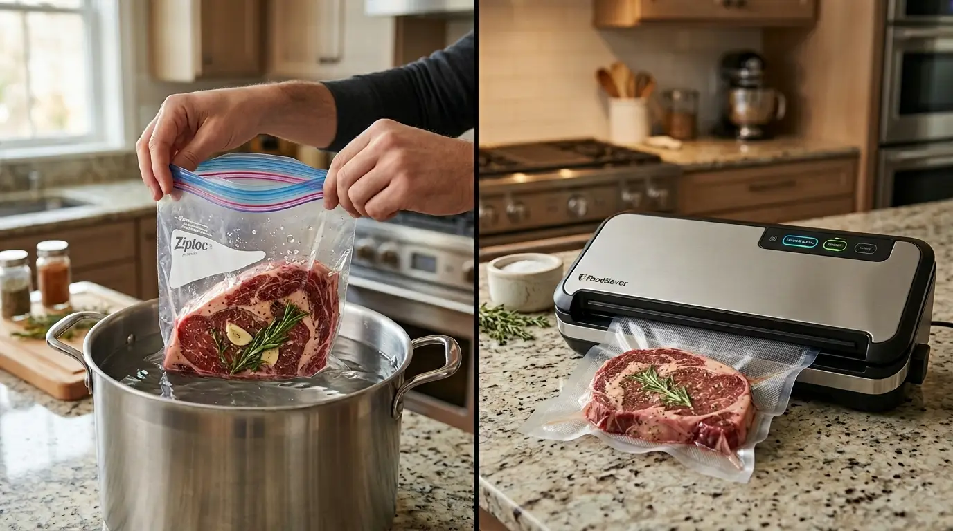 Ziploc Water Displacement Method vs. Vacuum Sealing for Sous Vide (2026)